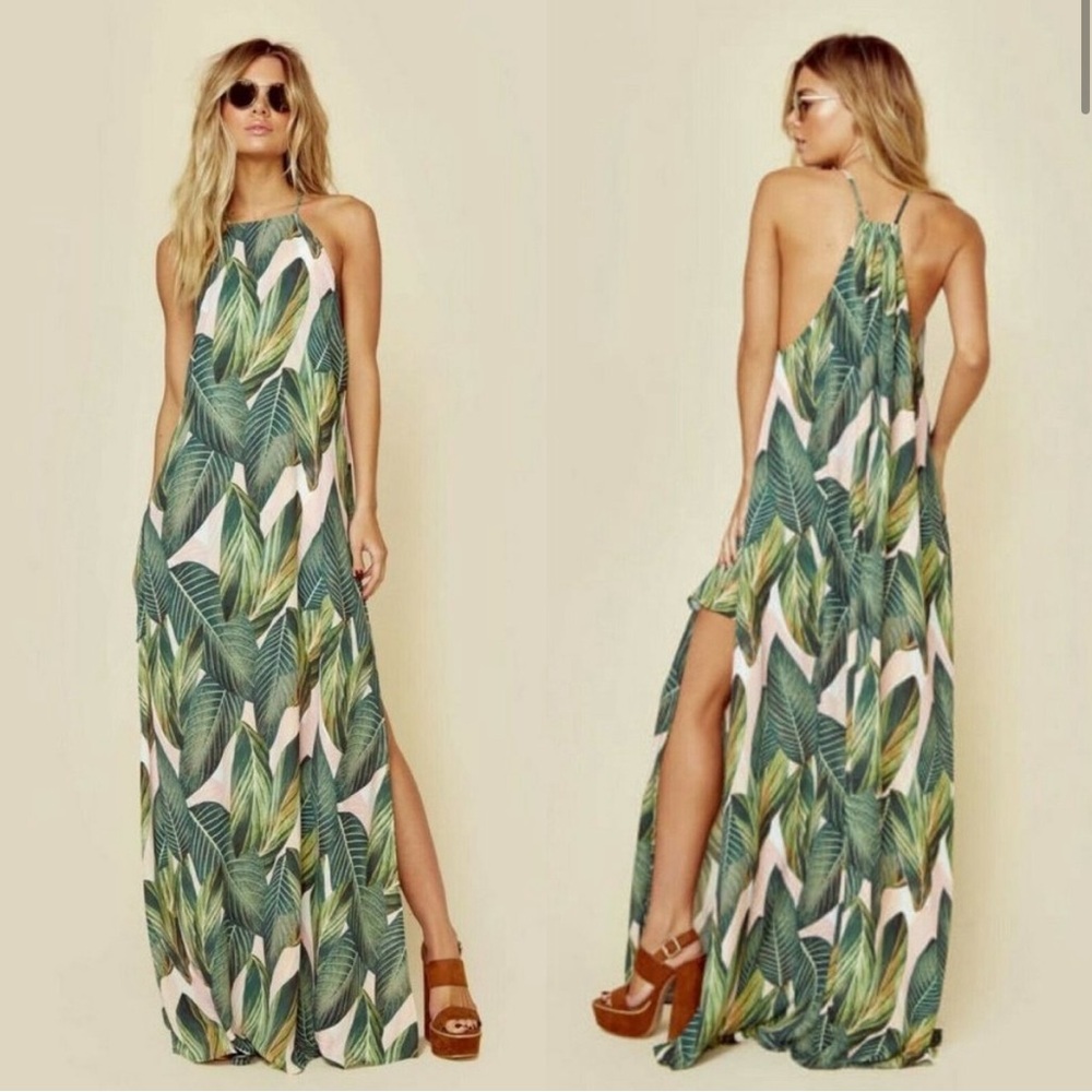 SHOW ME YOUR MUMU Floral Green Bronte High Slit Maxi Dress